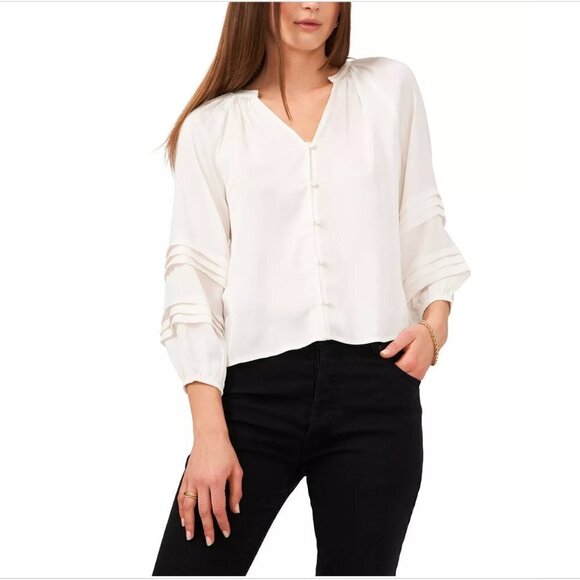 1. State Tops - Women's S 1.State Button Front Blouse Pin Tuck Sleeves Long Sleeve V neck